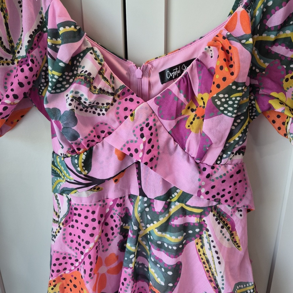 Crystal Sky Macy's Pink Tropical Mini Dress Womens Size XS Tie Back Puff Sleeves - Picture 2 of 5